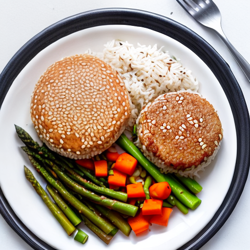 Arroz con hamburguesa vegetariana y verduras