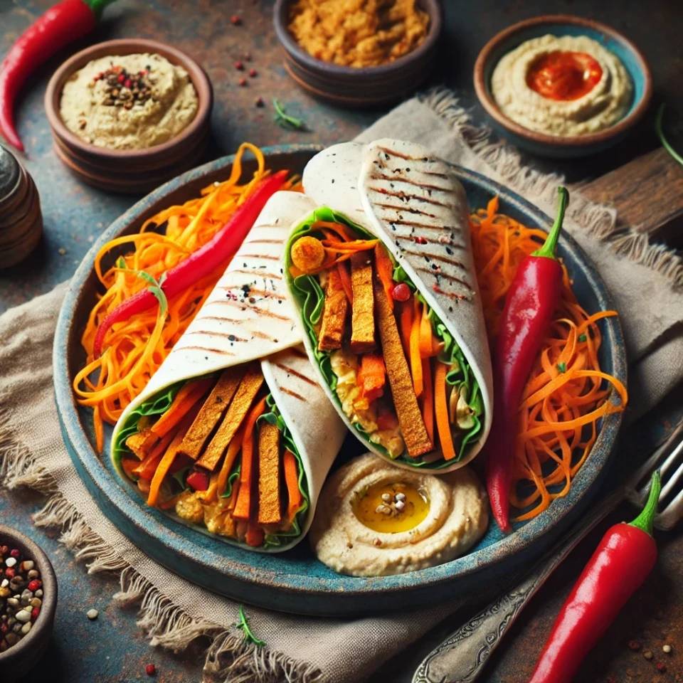 Wraps de hummus con zanahoria, seitán y pimientos asados
