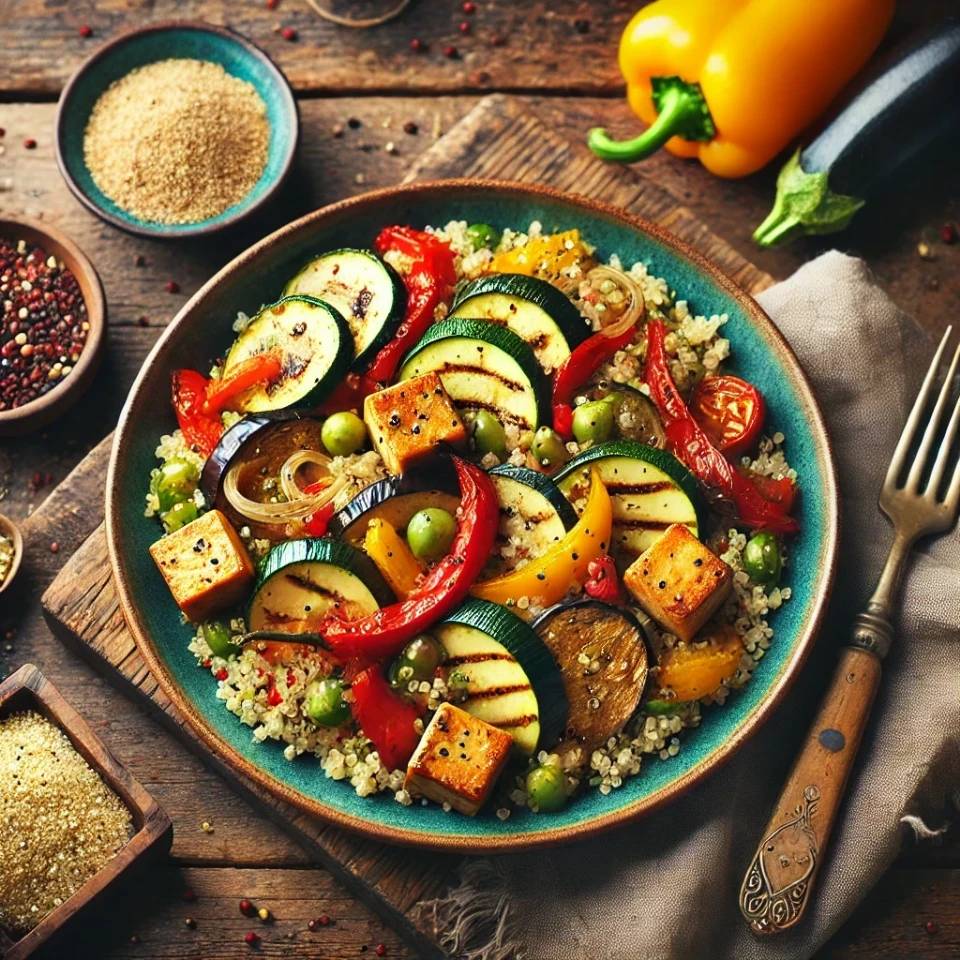 Ensalada templada de quinoa con verduras asadas y tofu marinado