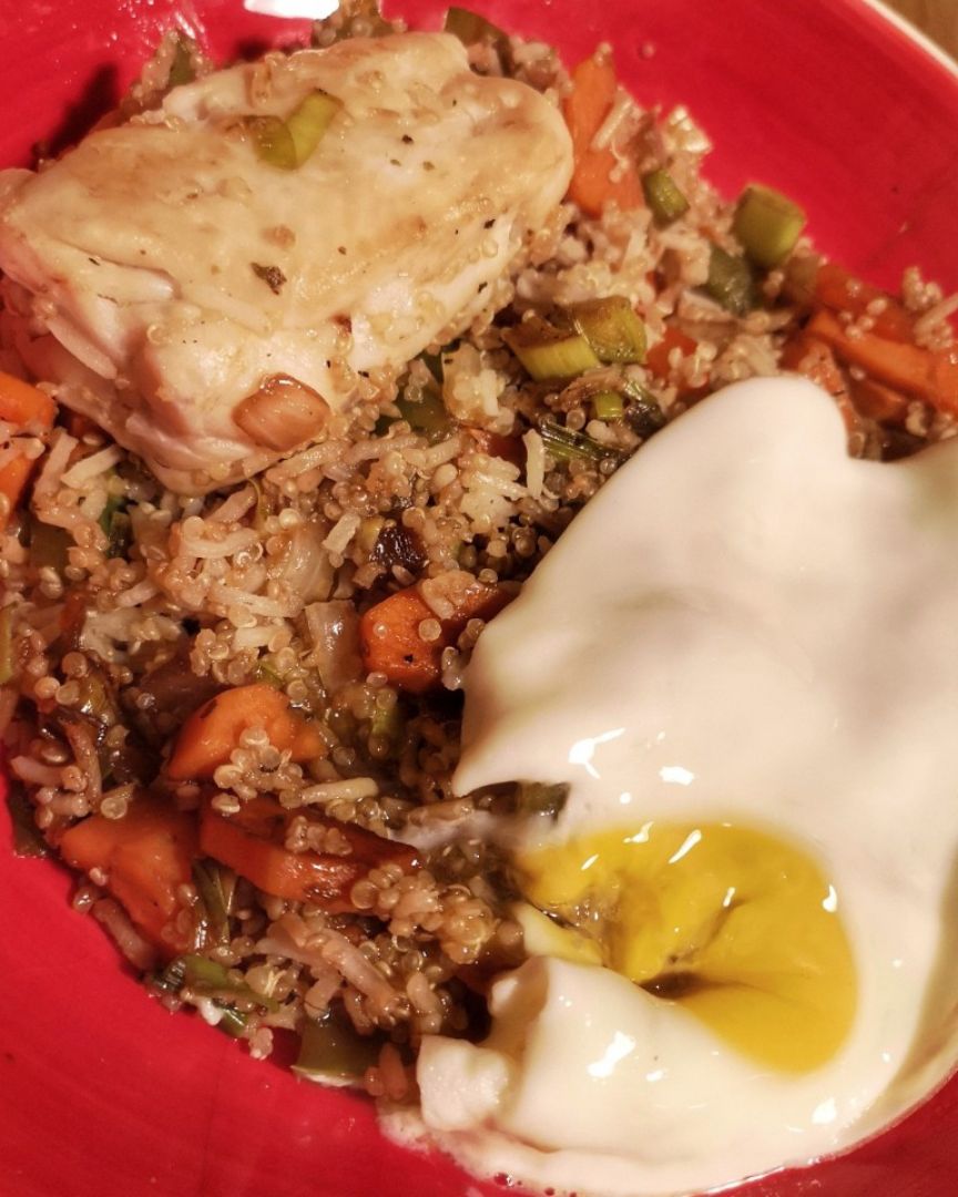 Qunioarroz con verduras y merluza  Paso 1