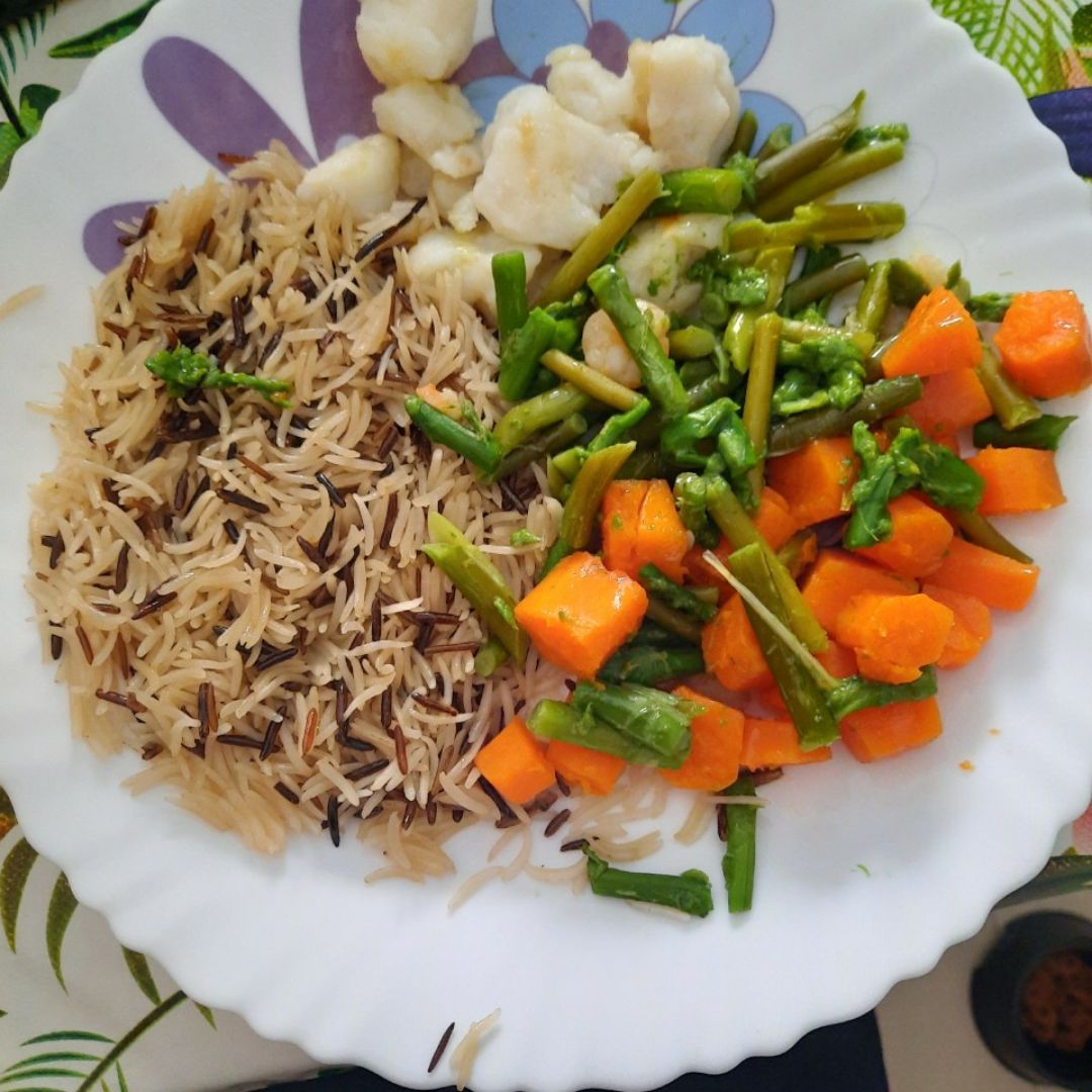 Migas de bacalao con verduras Migas de bacalao con verduras