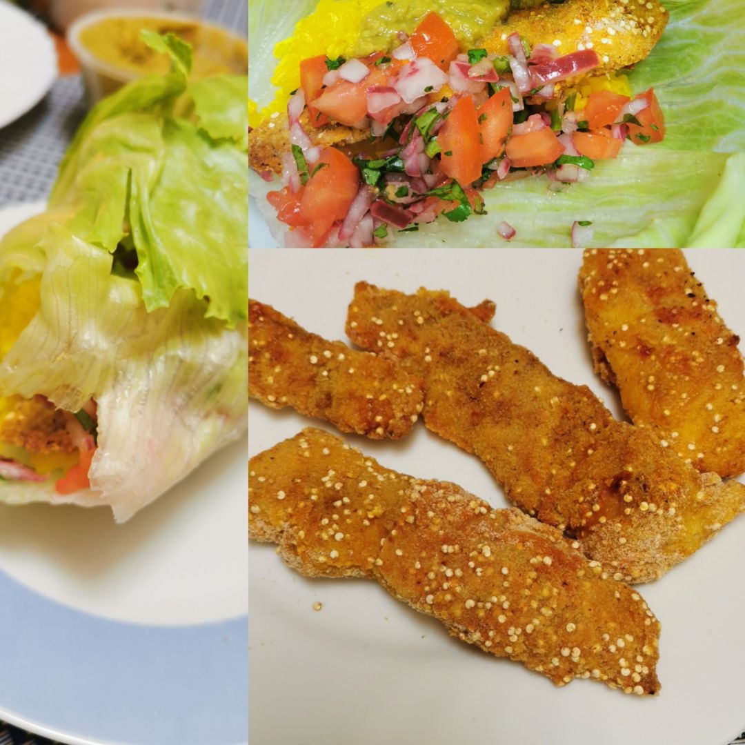 Tacos de pescado empanizado de quinoa Tacos de pescado empanizado de quinoa