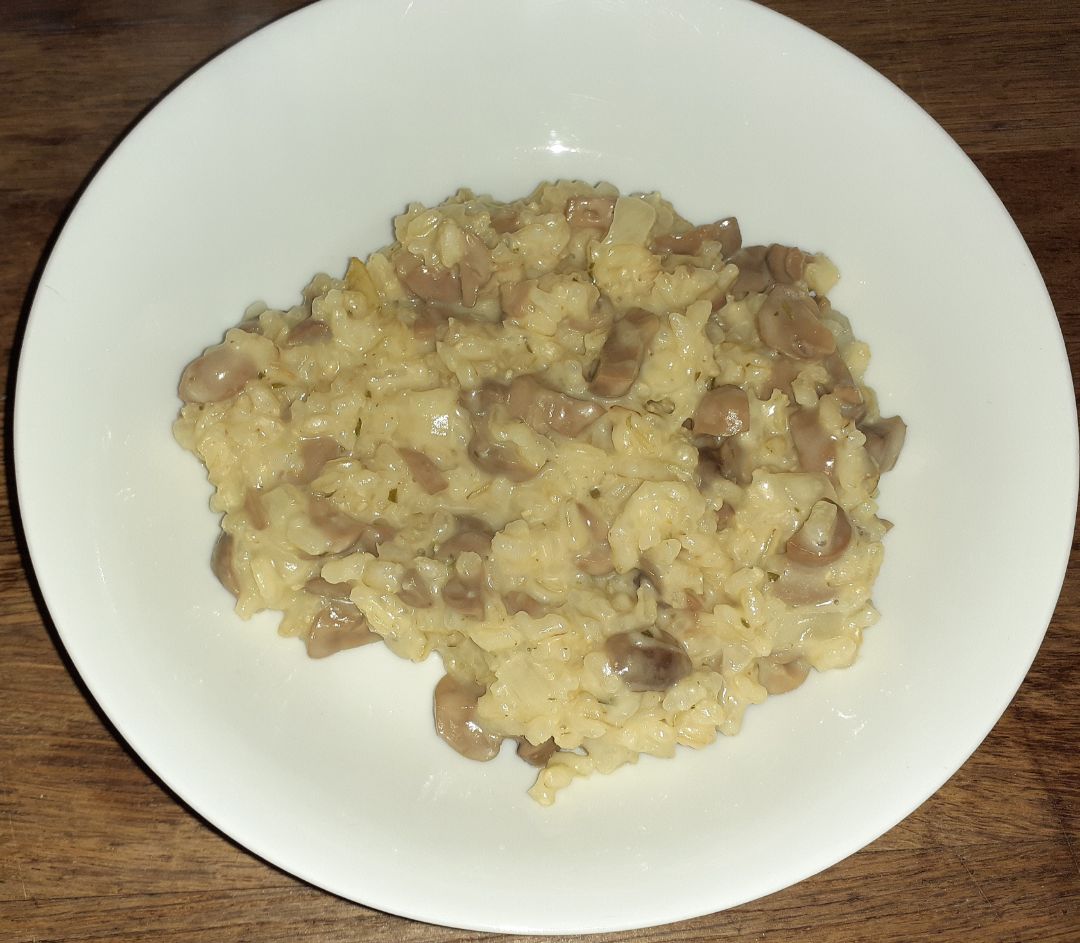 Risoto de champiñones, cebolla y piñones.