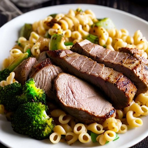 Solomillo de cerdo con macarrones y brócoli Solomillo de cerdo con macarrones y brócoli
