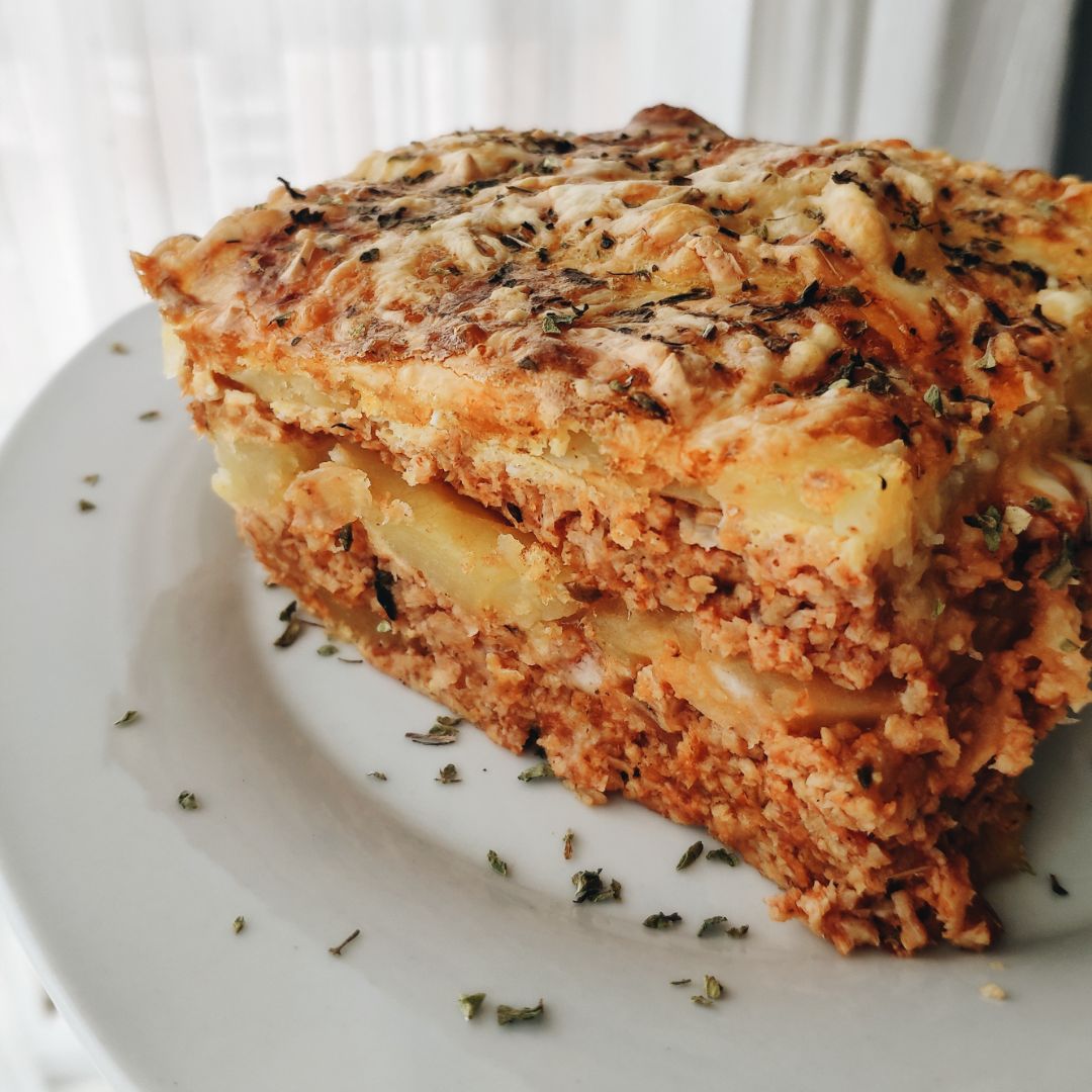 Lasaña de patata y soja texturizada Lasaña de patata y soja texturizada