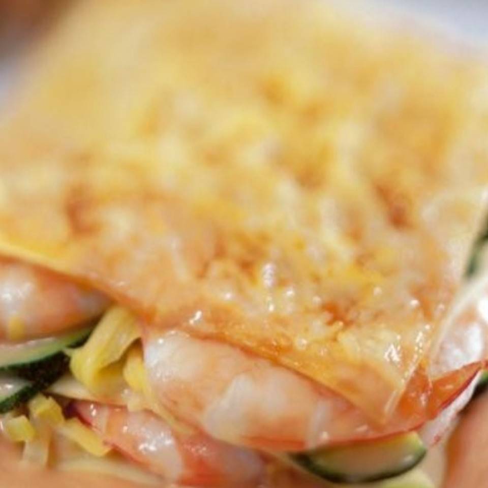 Lasaña de calabacín, puerro y langostino Lasaña de calabacín, puerro y langostino