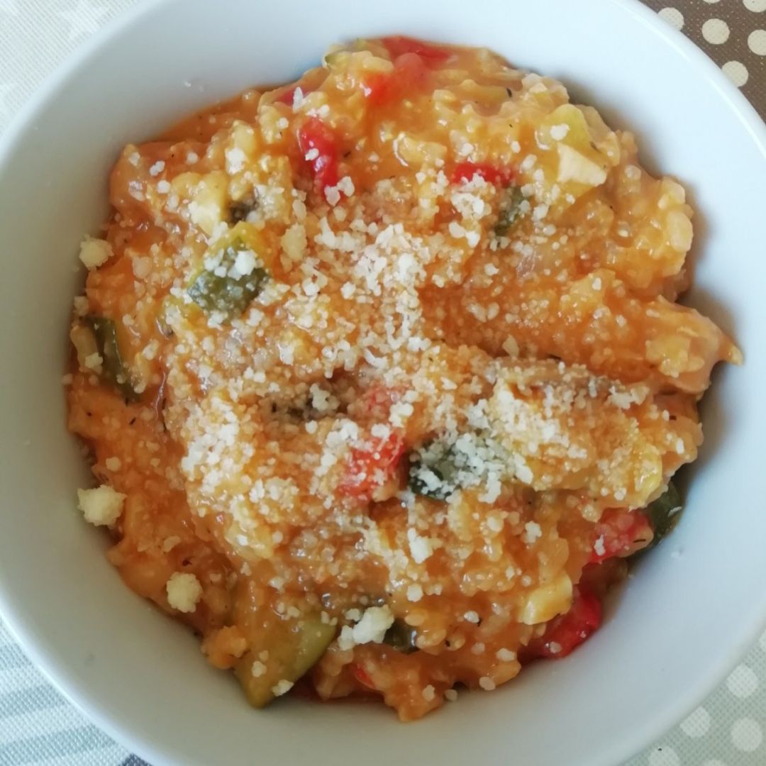 Risotto de vegetales y salmorejo Risotto de vegetales y salmorejo