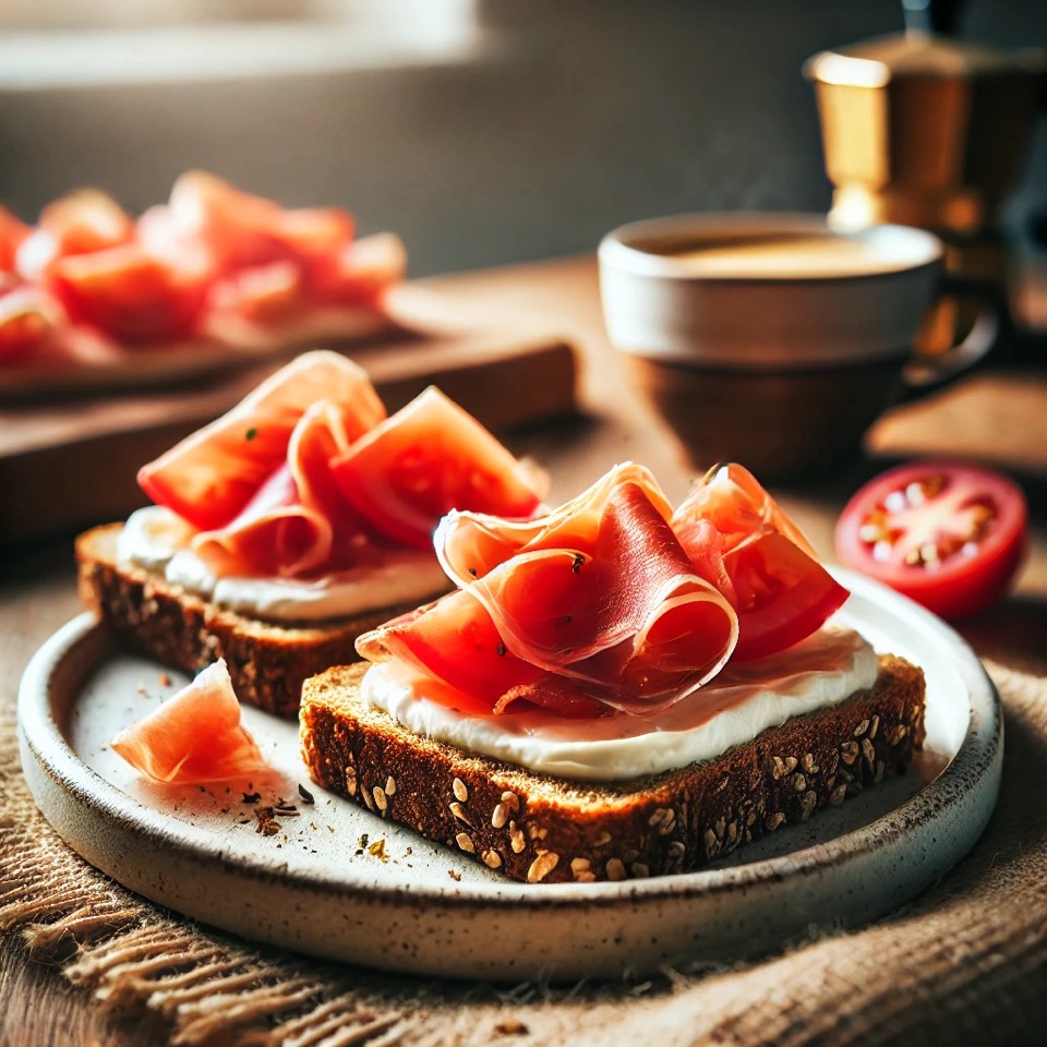 Café con leche y tostada integral con queso fresco, tomate y jamón serrano