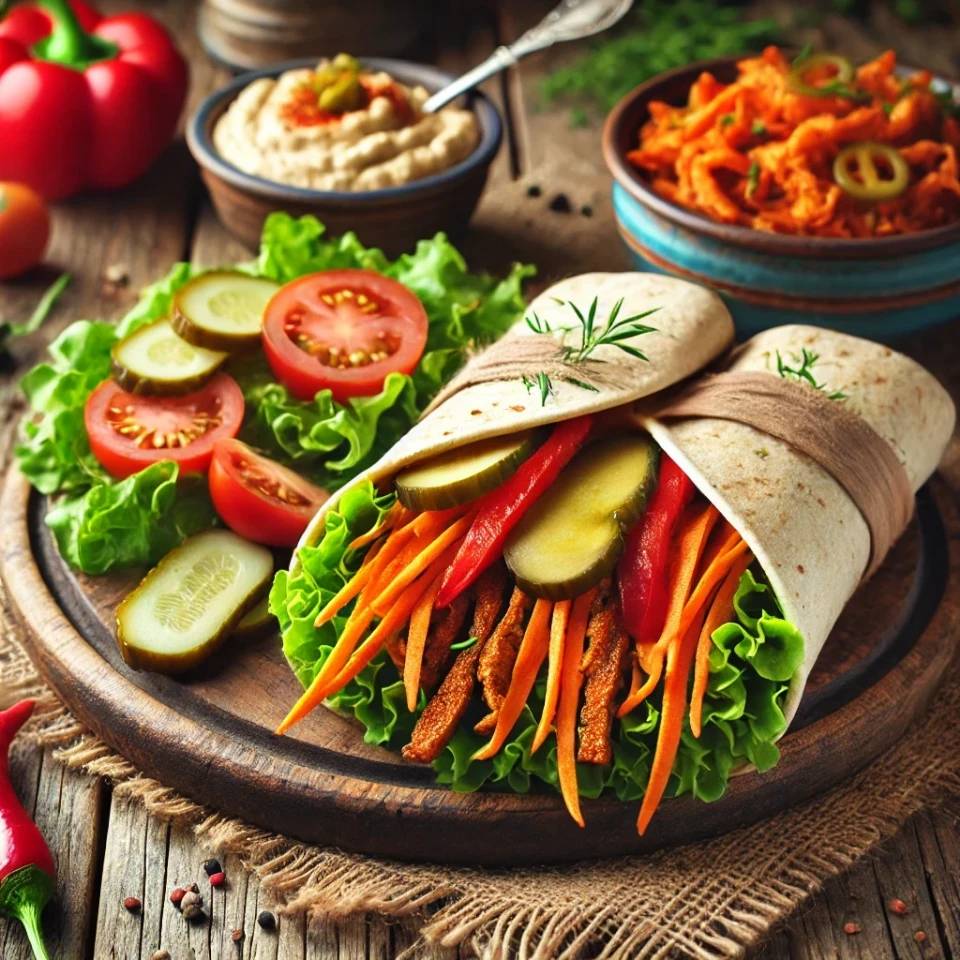 Wraps veganos con hummus, zanahoria, seitán y pimientos asados Wraps veganos con hummus, zanahoria, seitán y pimientos asados