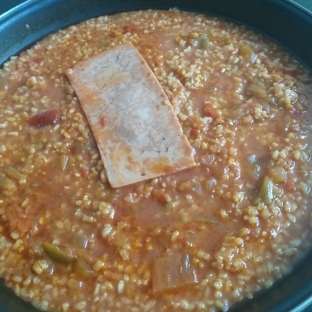 Arroz integral con pisto manchego y foie Arroz integral con pisto manchego y foie