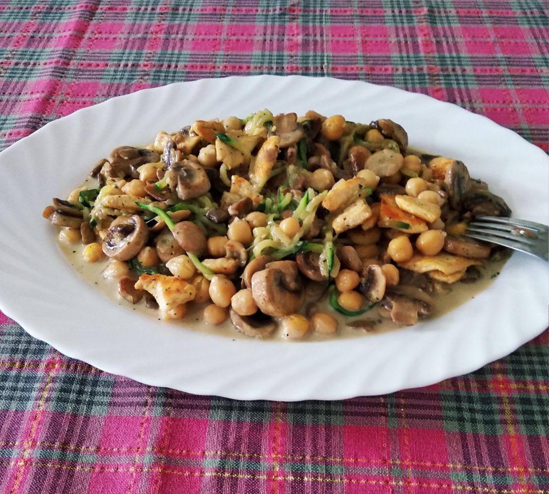 Espaguetis de calabacín con salsa de champiñones y pollo Espaguetis de calabacín con salsa de champiñones y pollo