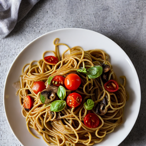 Espaguetis integrales con champiñones y tomates cherry