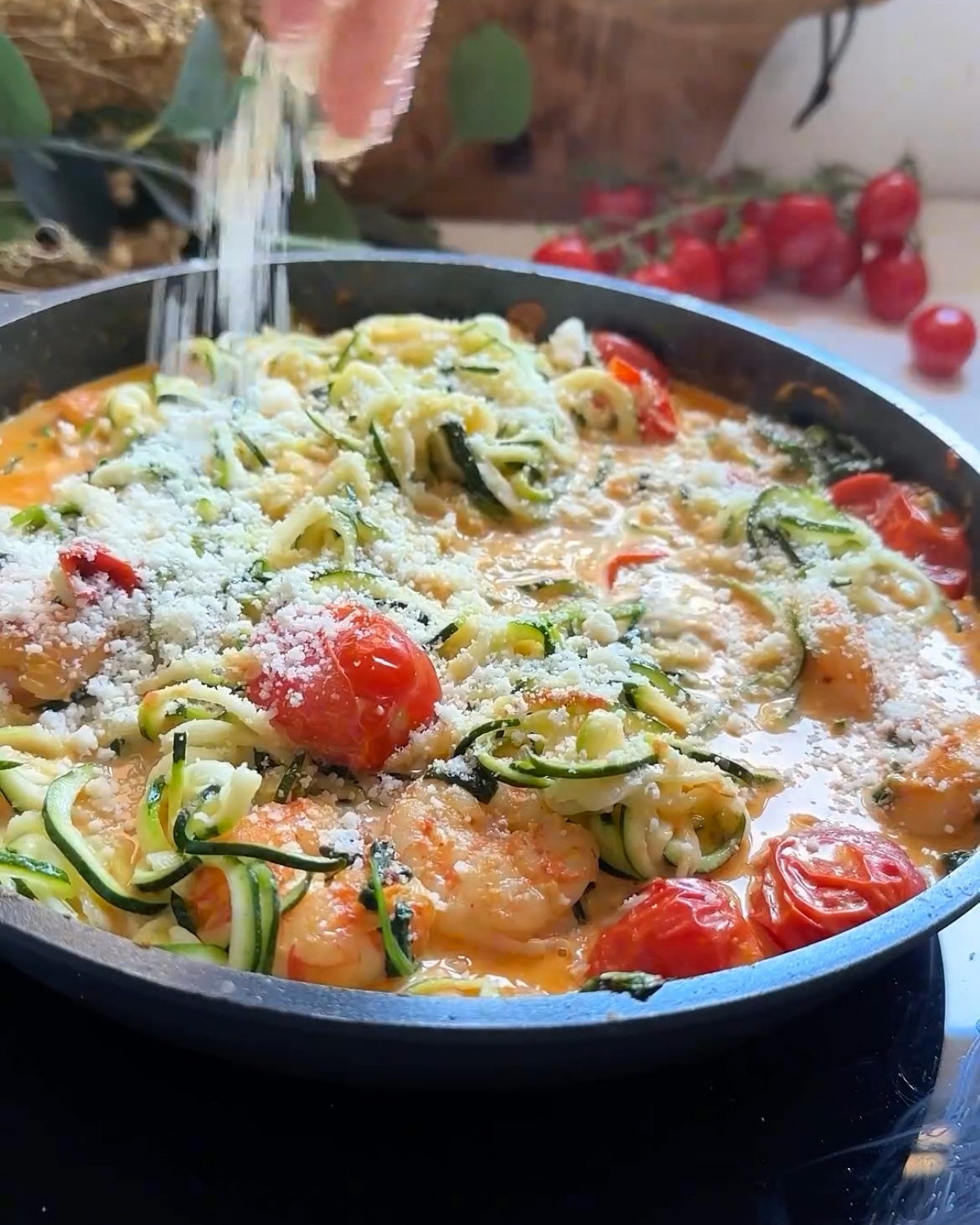Espaguetis de calabacín con tomates cherrys y langostinos  Paso 2