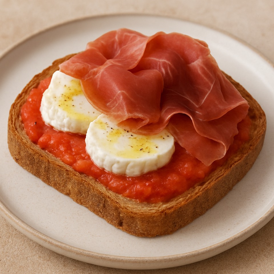 Tostada de pan integral con tomate triturado, queso de cabra fresco y jamón