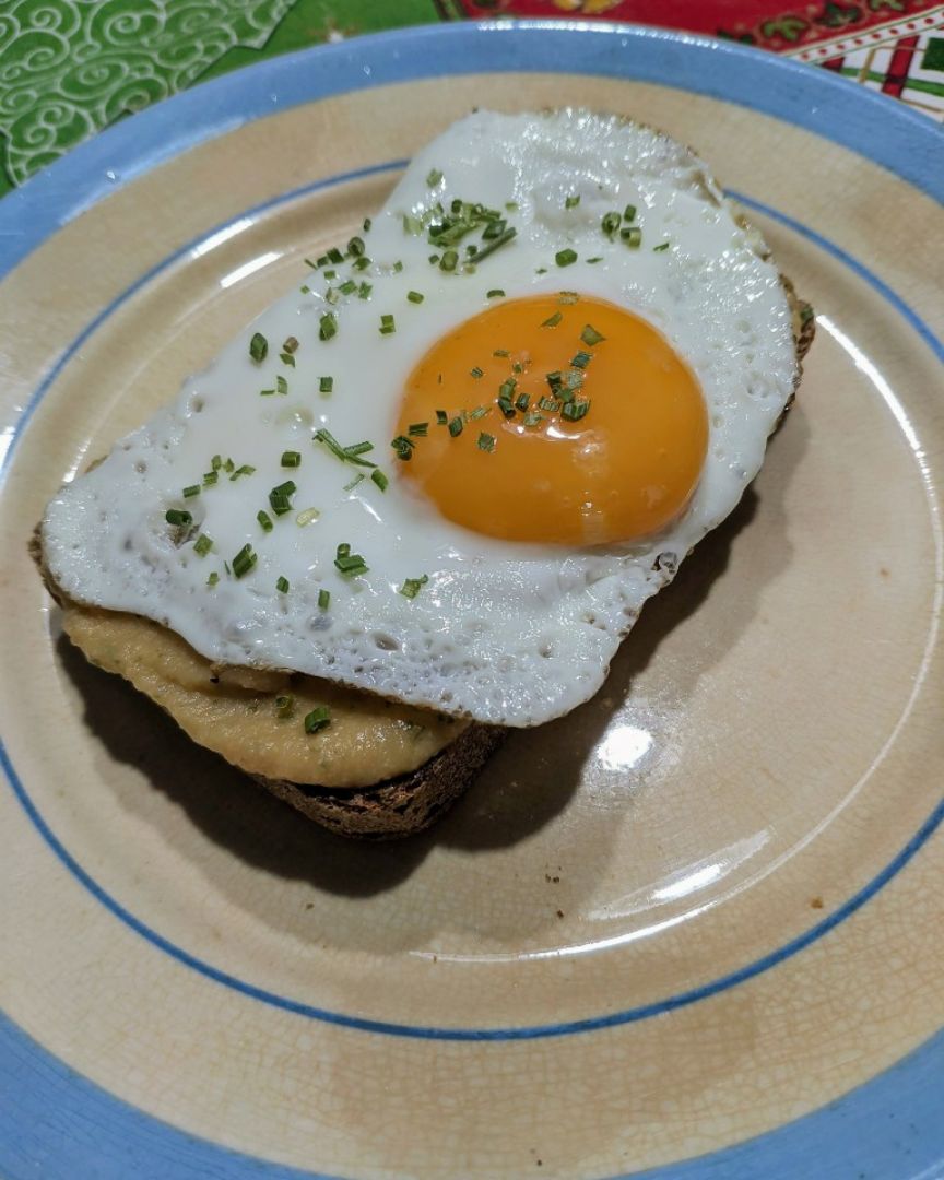 Tostada de pan integral de espelta y centeno con humus y huevo 🍞