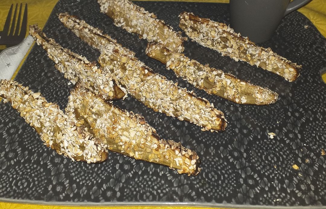 Tiras de berenjena con copos de avena Tiras de berenjena con copos de avena