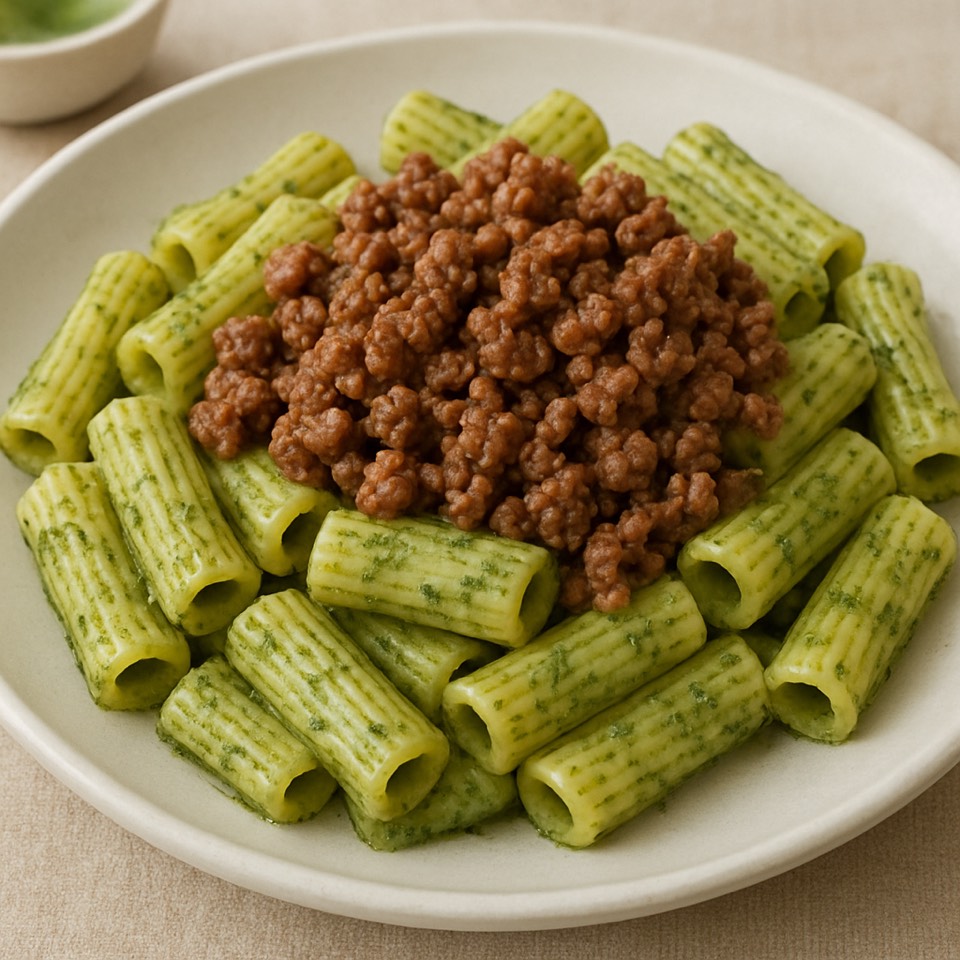 Macarrones con carne y pesto