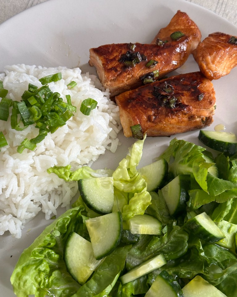 Salmón con arroz y ensalada 