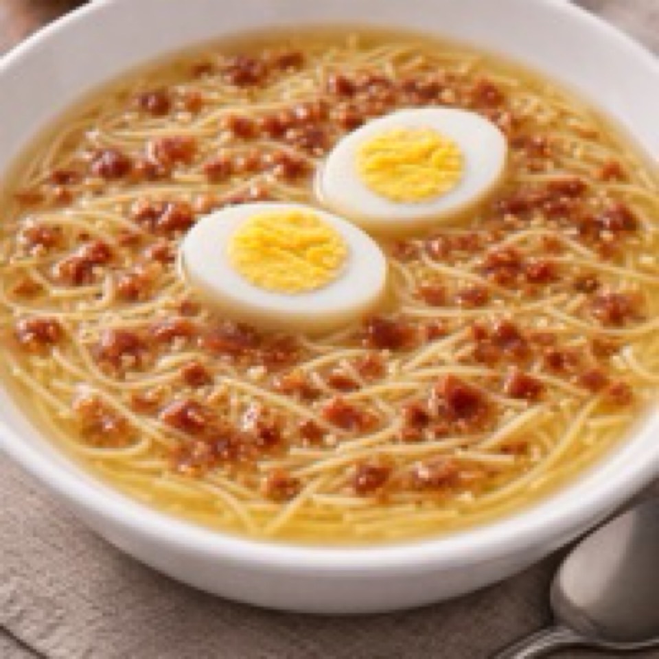 Caldo con fideos, virutas de jamon crujientes y huevo duro Caldo con fideos, virutas de jamon crujientes y huevo duro