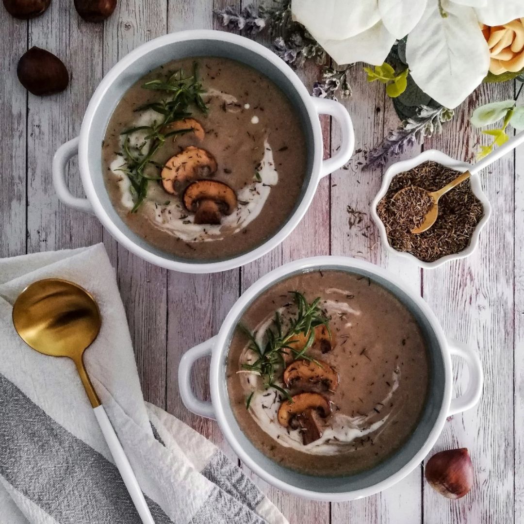 Crema de castañas y portobellos al tomillo