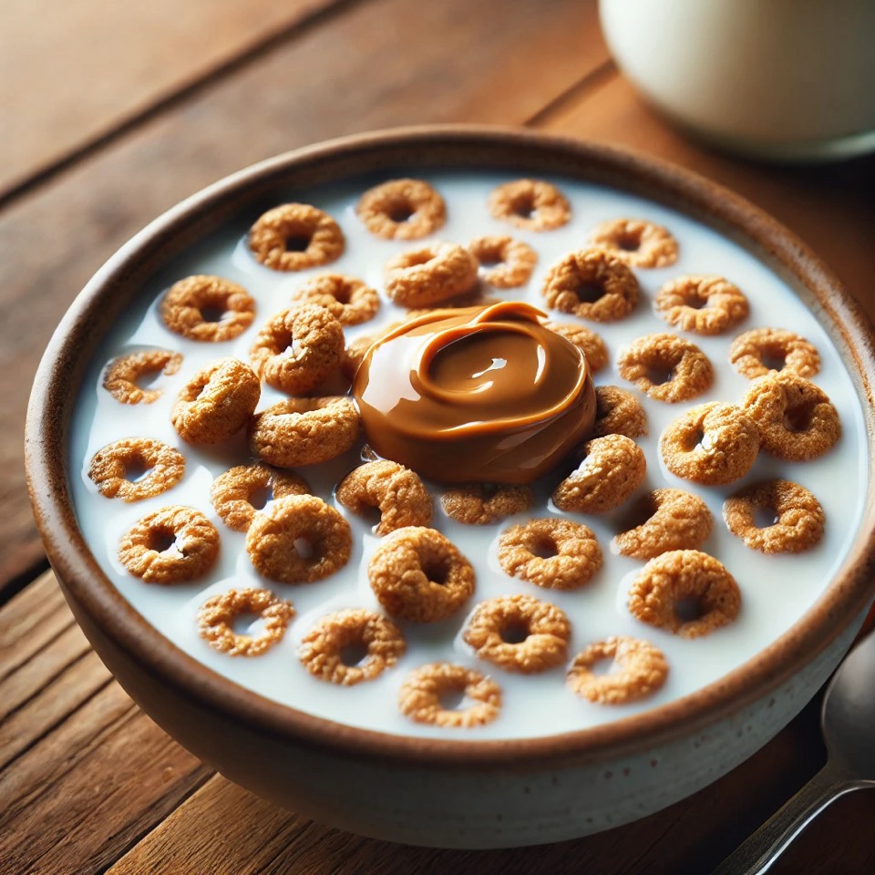 Bol de leche con cereales de avena y crema de cacahuetes Bol de leche con cereales de avena y crema de cacahuetes