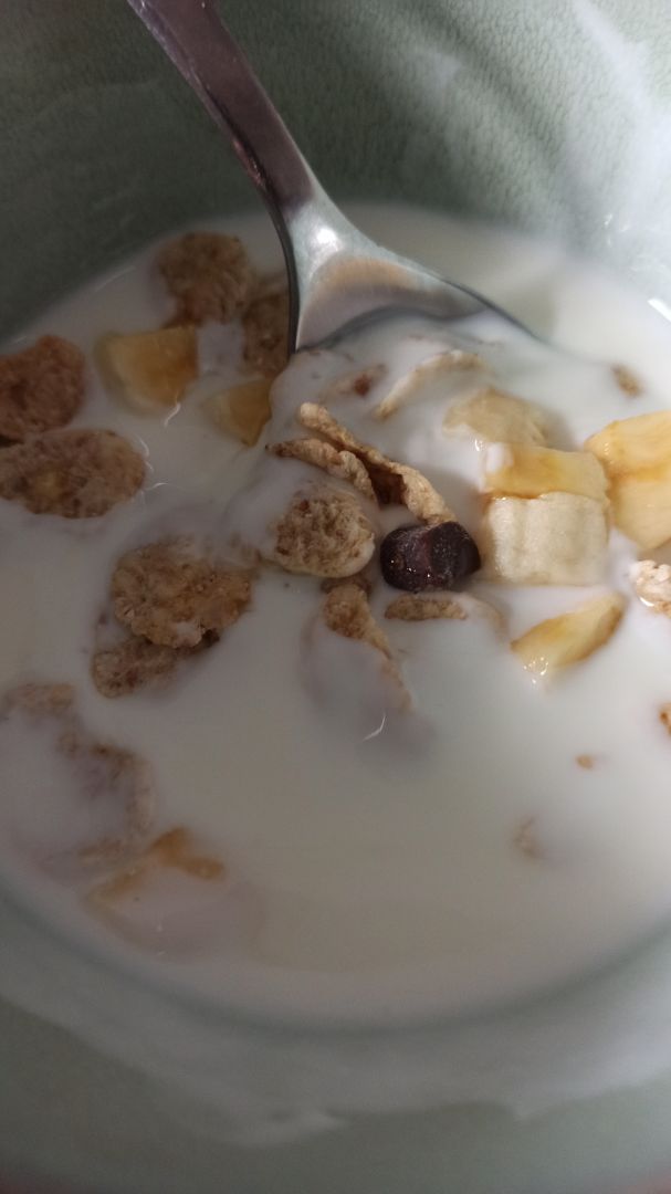 Bol de kéfir con plátano, cereal y chocolate negro Bol de kéfir con plátano, cereal y chocolate negro