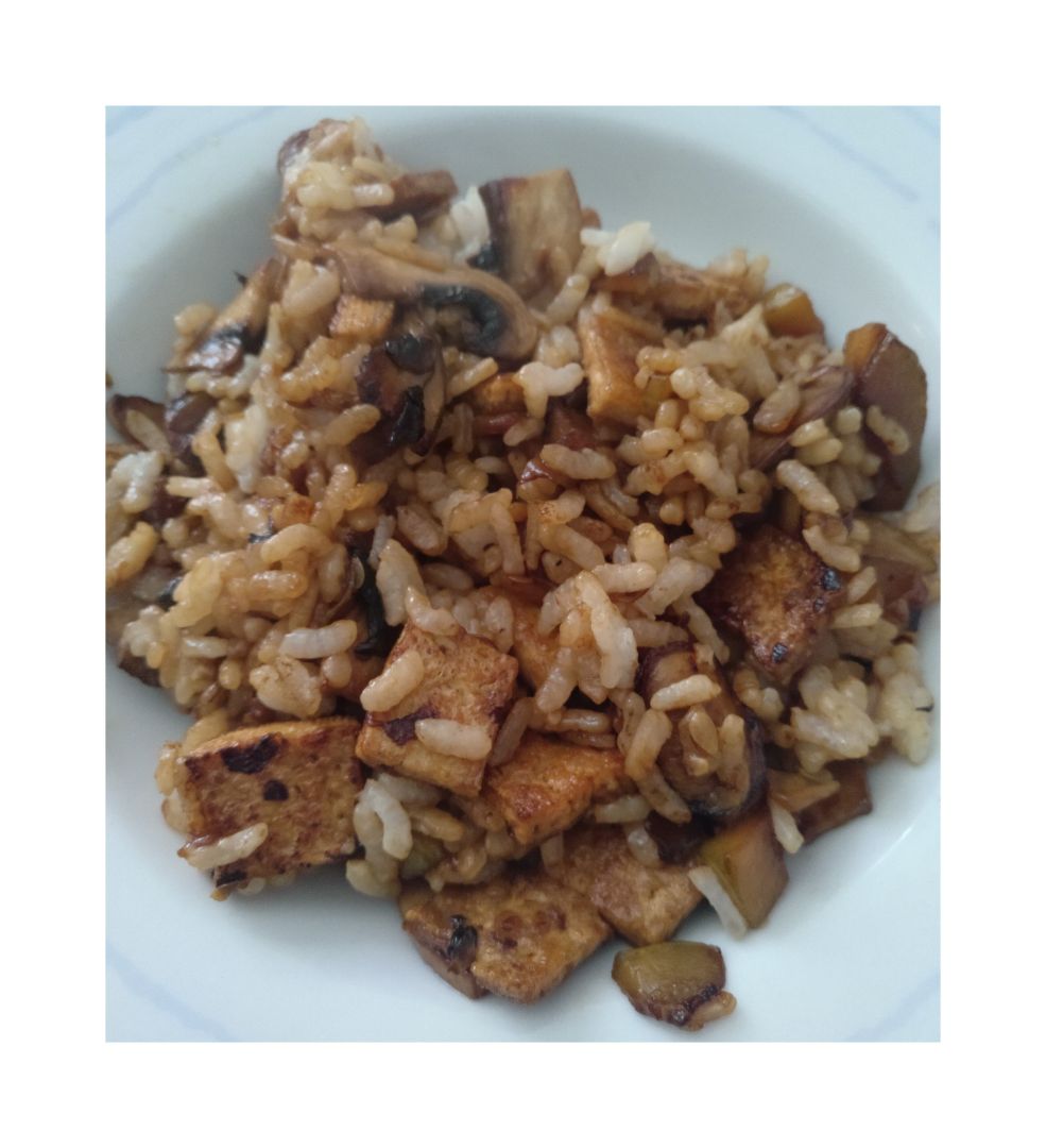 Arroz con tofu, verdura y salsa de soja 