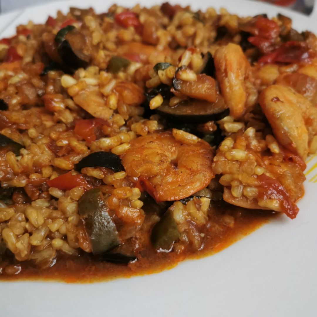 Arroz caldoso con verduras y langostinos 