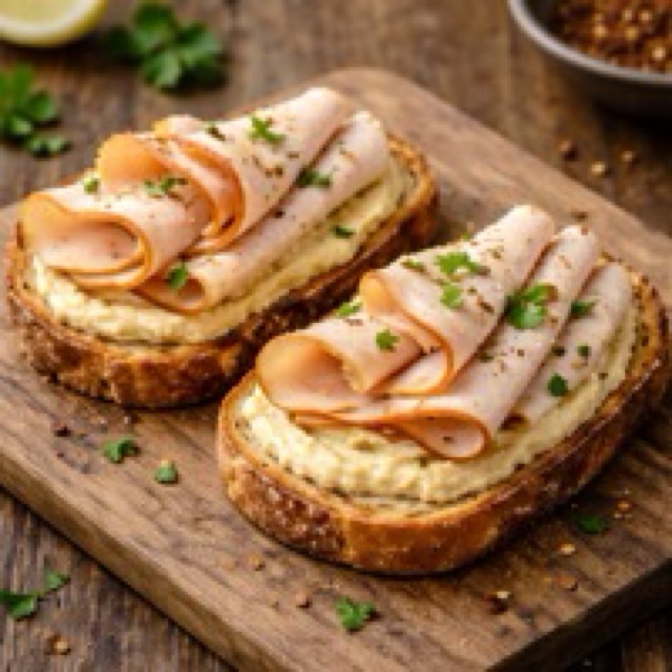 Tostadas con hummus, feta y pavo