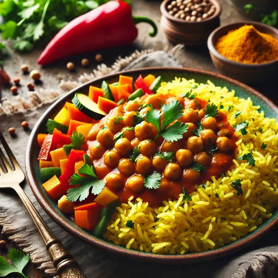 Curry de garbanzos con arroz basmati, zanahoria y pimiento rojo
Curry de garbanzos con arroz basmati, zanahoria y pimiento rojo