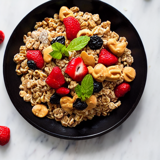 Cereales con fruta, crema de cacahuete y yogur 