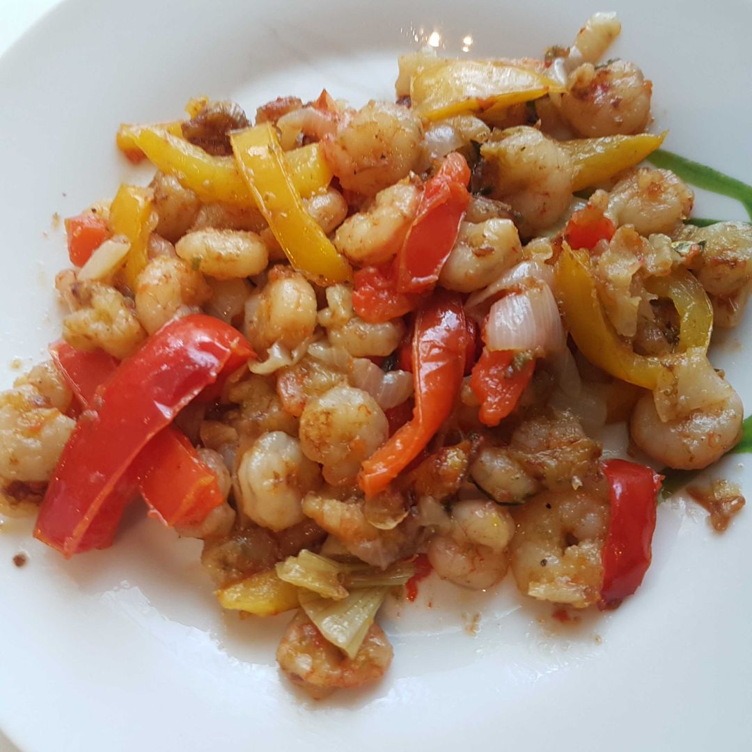 Gambas con pimiento y cebollino, EXQUISITAS Gambas con pimiento y cebollino, EXQUISITAS