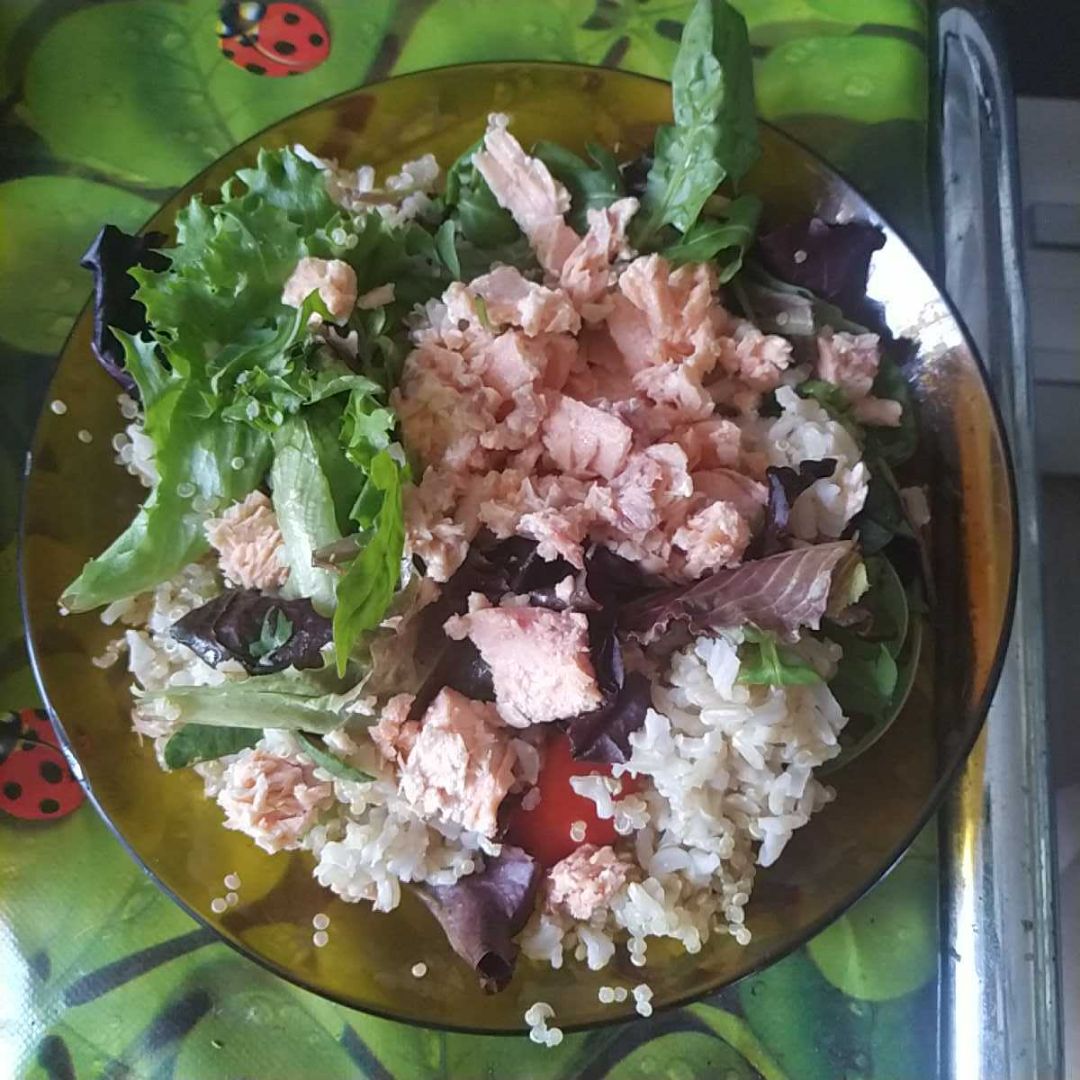 Ensalada se arroz, quinoa y salmón