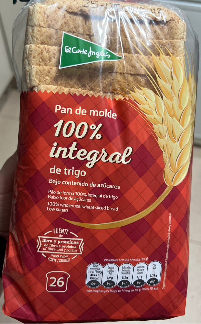 Pan de molde 100% integral de trigo