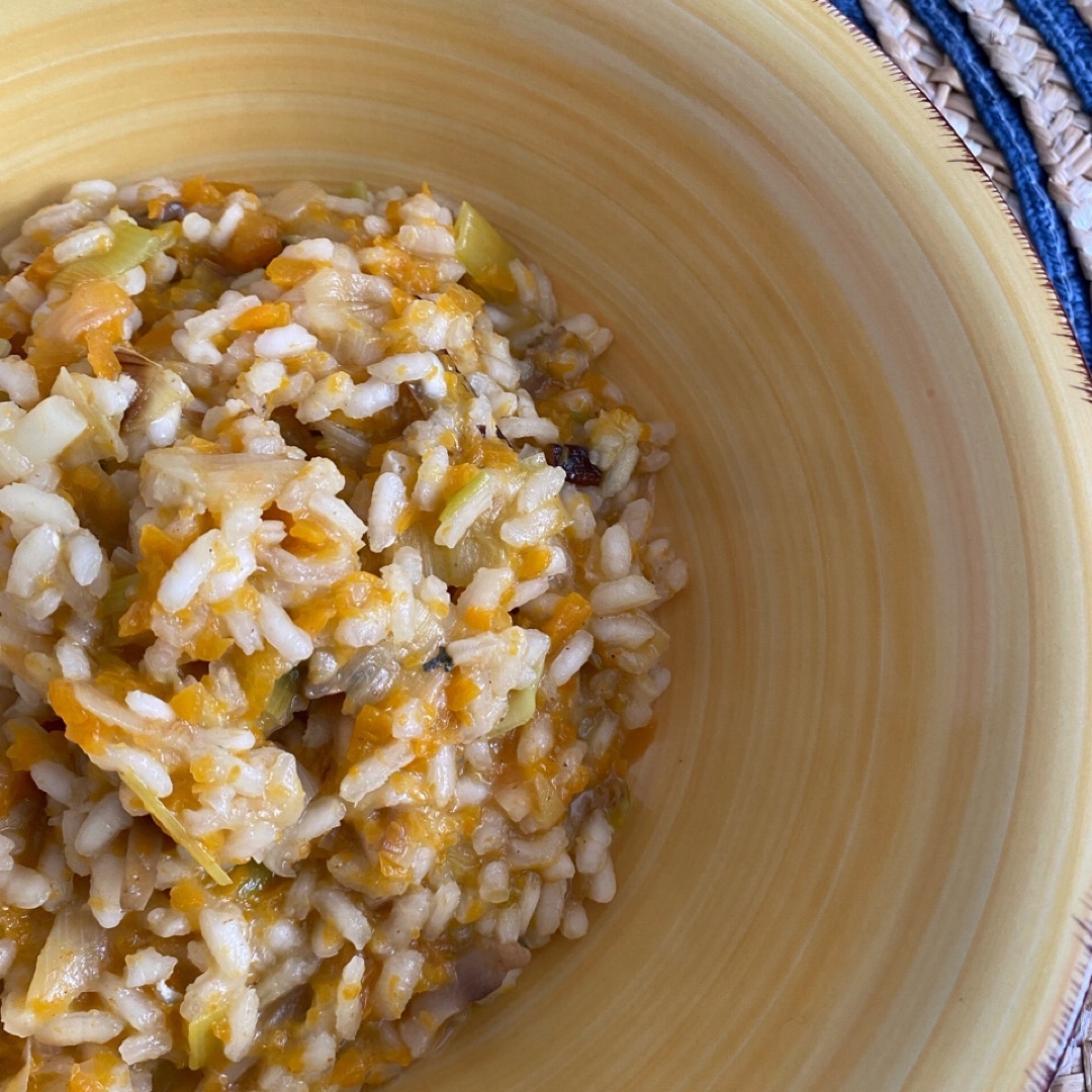 Risotto de calabaza, champiñones y queso azul. 