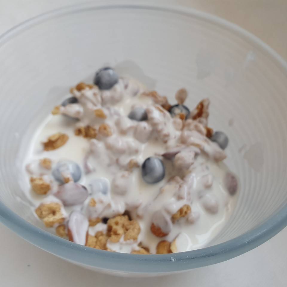 Soja texturizada con arándanos, almendras y nueces.  Kefir o yogur griego 