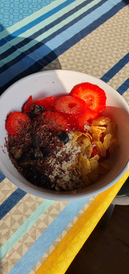 Yogur con cereales, copos de avena, fresas🍓 arándanos y chocolate negro