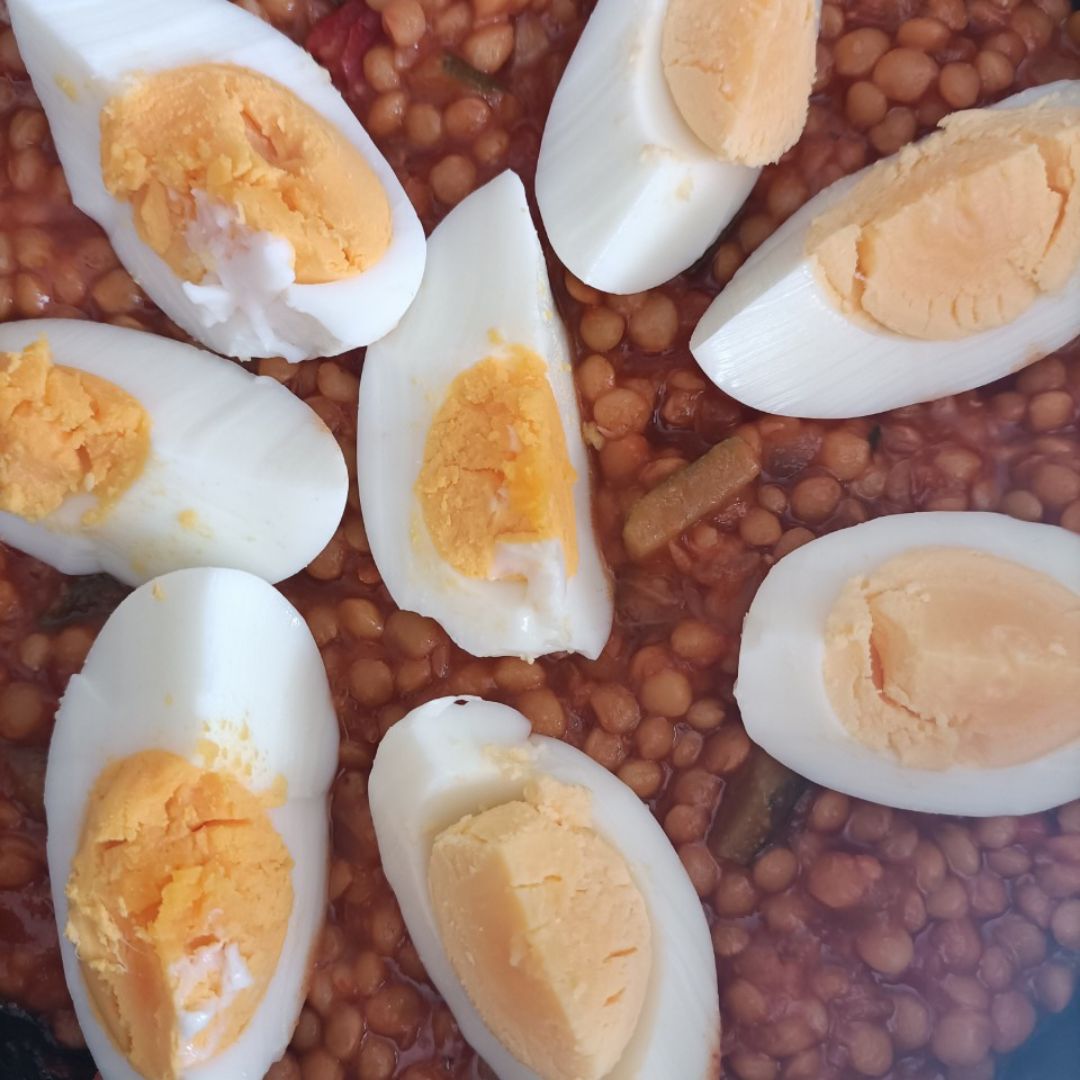 Lentejas cocidas con fritada de pisto y huevos cocidos 