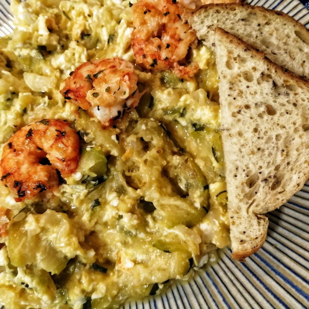 Zarangollo con gambón a la plancha Paso 3