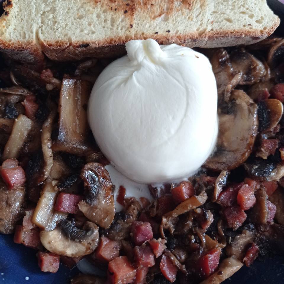 Burrata con champiñones y jamón 