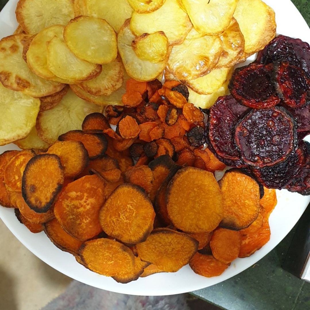 Trucha con chips de patata, boniato y verduras al horno Paso 2 Trucha con chips de patata, boniato y verduras al horno Paso 2