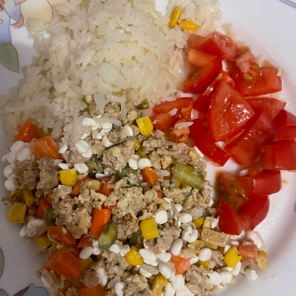 Revuelto de verduras con huevo, atún, tomate y arroz 