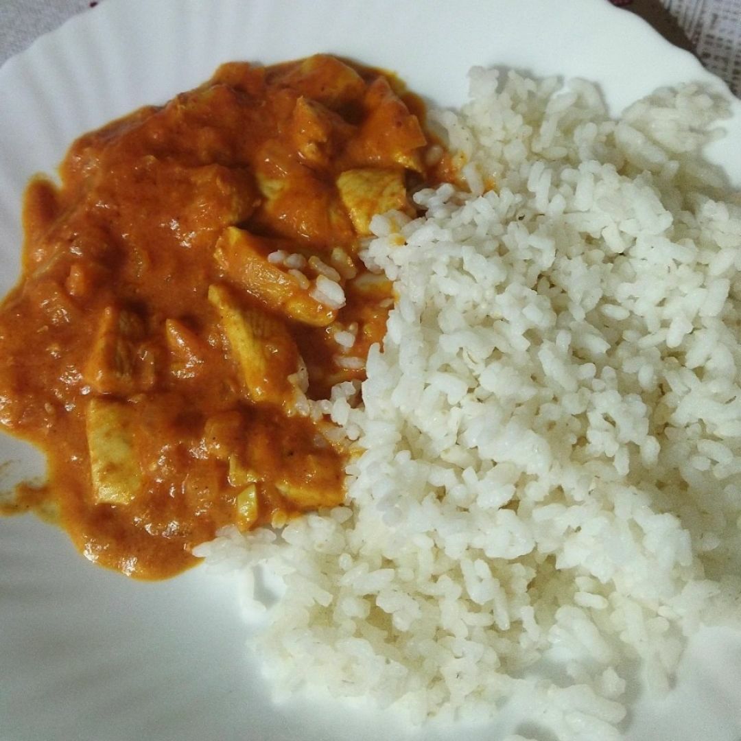 Pollo con salsa de verduras y arroz