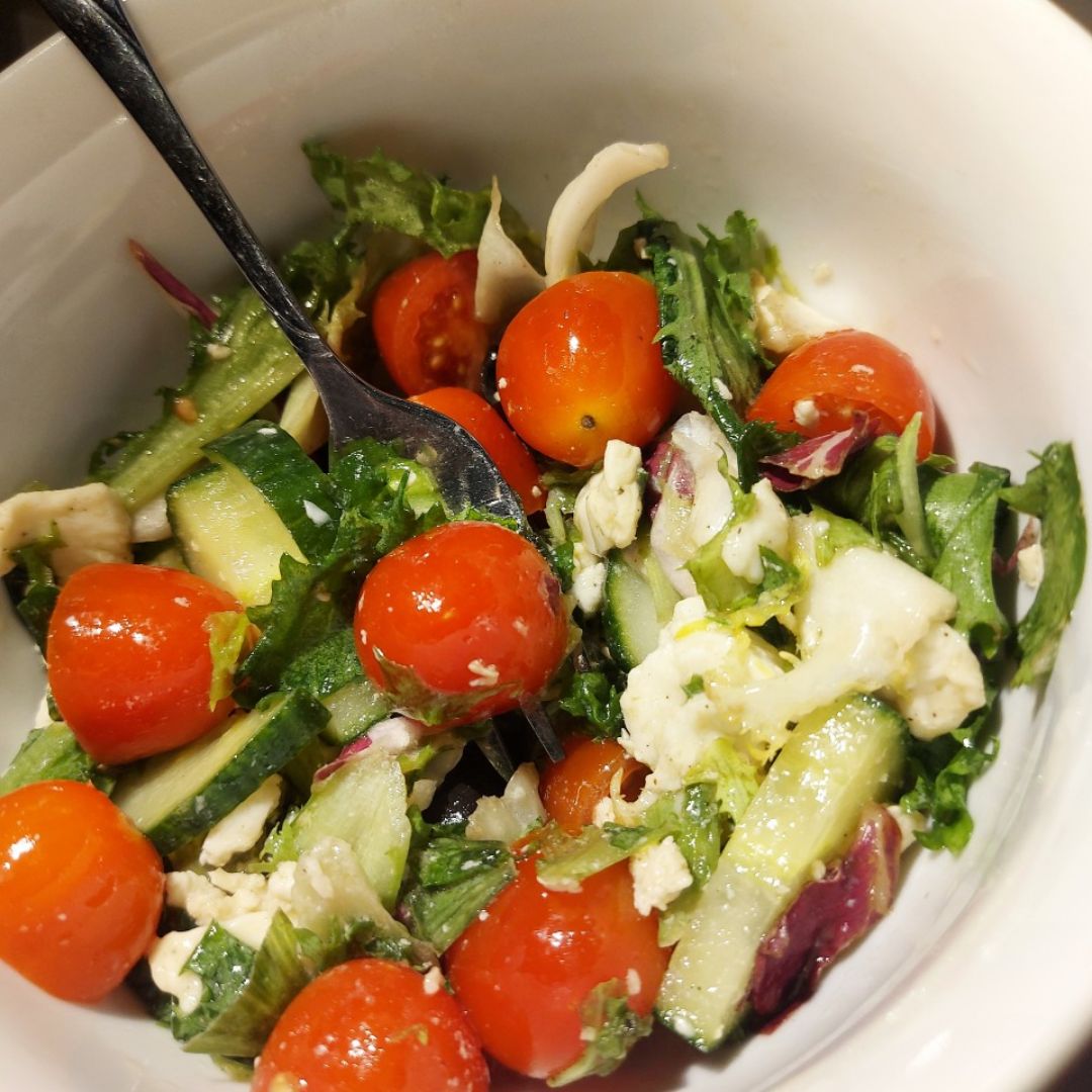 Healthy Salad with baby tomatoes, cucumber, olives, mozzarella (or tofu/V). Healthy Salad with baby tomatoes, cucumber, olives, mozzarella (or tofu/V).