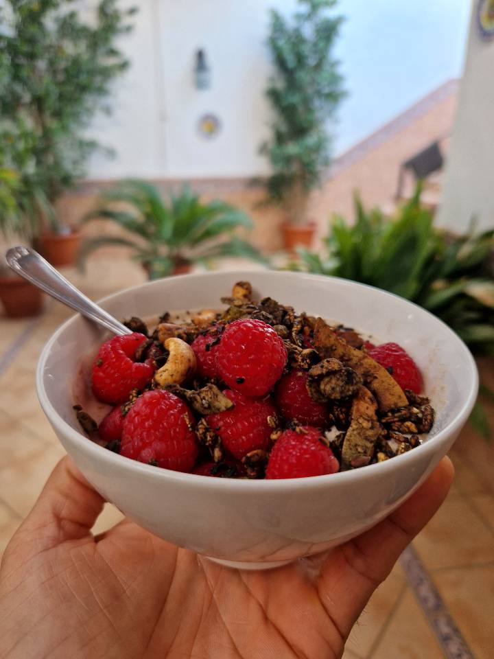Frambuesas con granola de chocolate Frambuesas con granola de chocolate