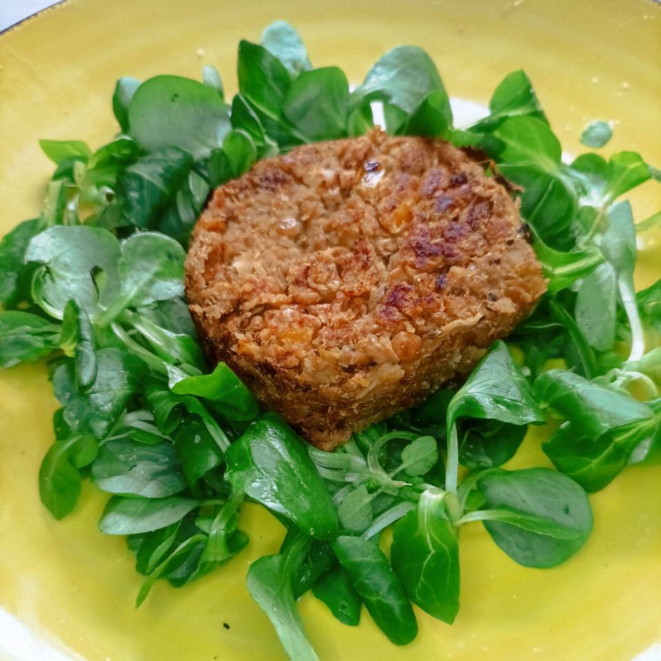 Hamburguesa de lentejas y verduras . Hamburguesa de lentejas y verduras .