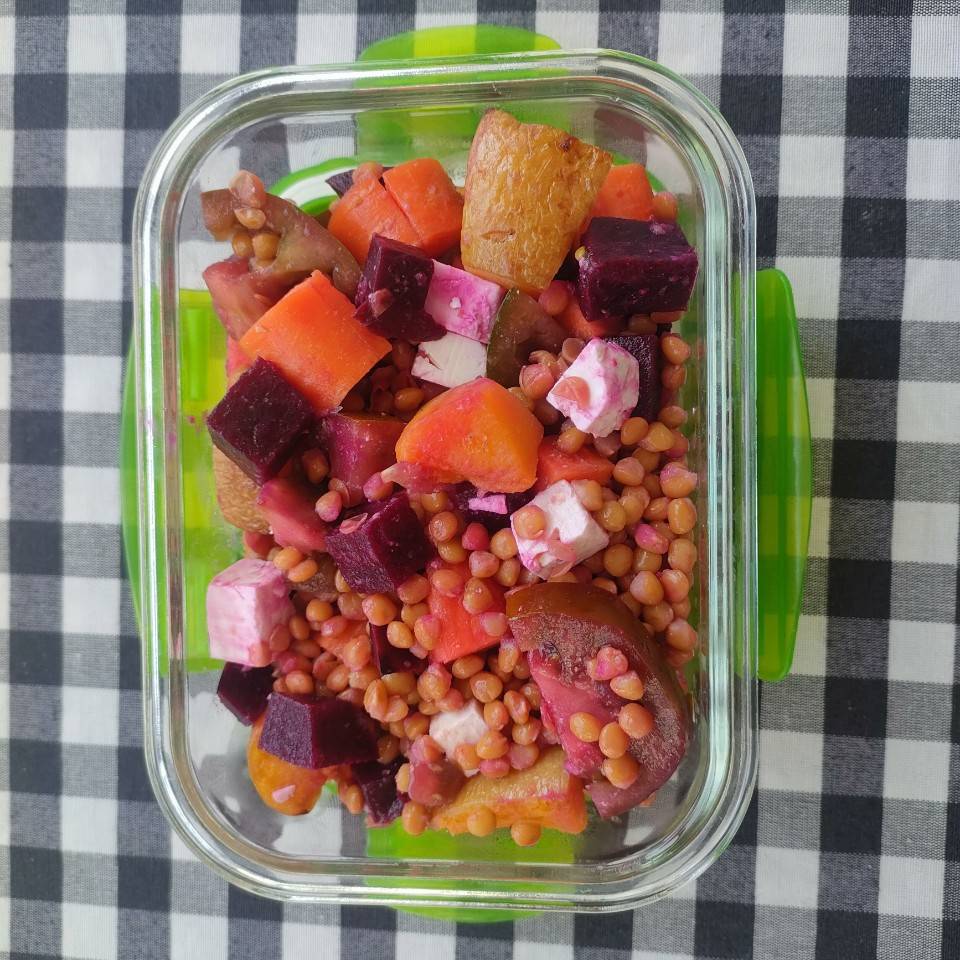 Ensalada de lentejas, calabaza y feta