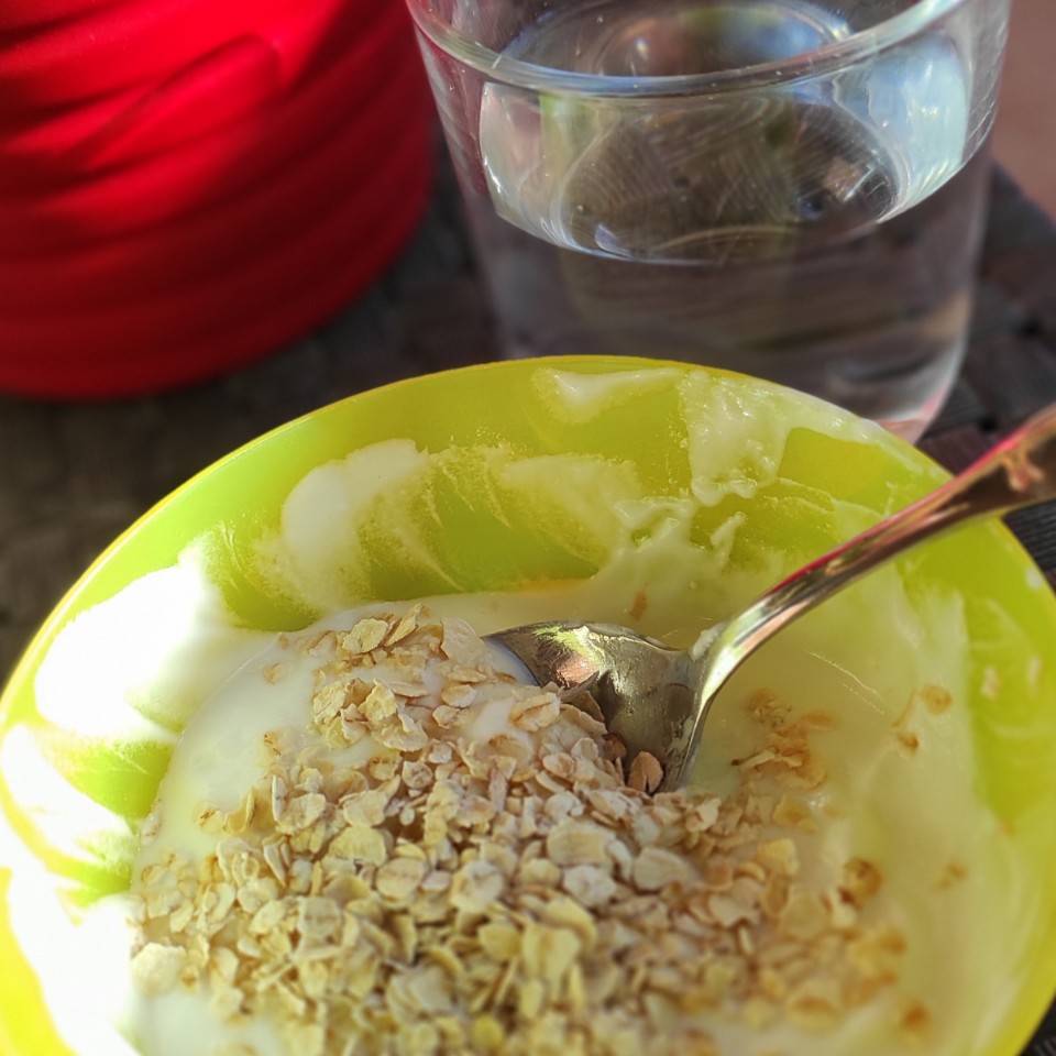 Hoy para almorzar de media mañana=yogurt natural con avena y agua Hoy para almorzar de media mañana=yogurt natural con avena y agua