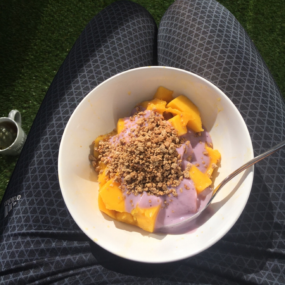 Yogur con arandanos, mango y cereales integrales Yogur con arandanos, mango y cereales integrales
