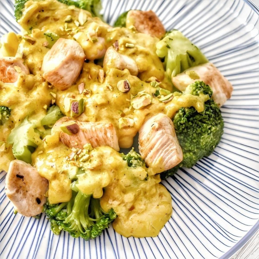 Brócoli con pollo en salsa de mostaza y pistacho Brócoli con pollo en salsa de mostaza y pistacho